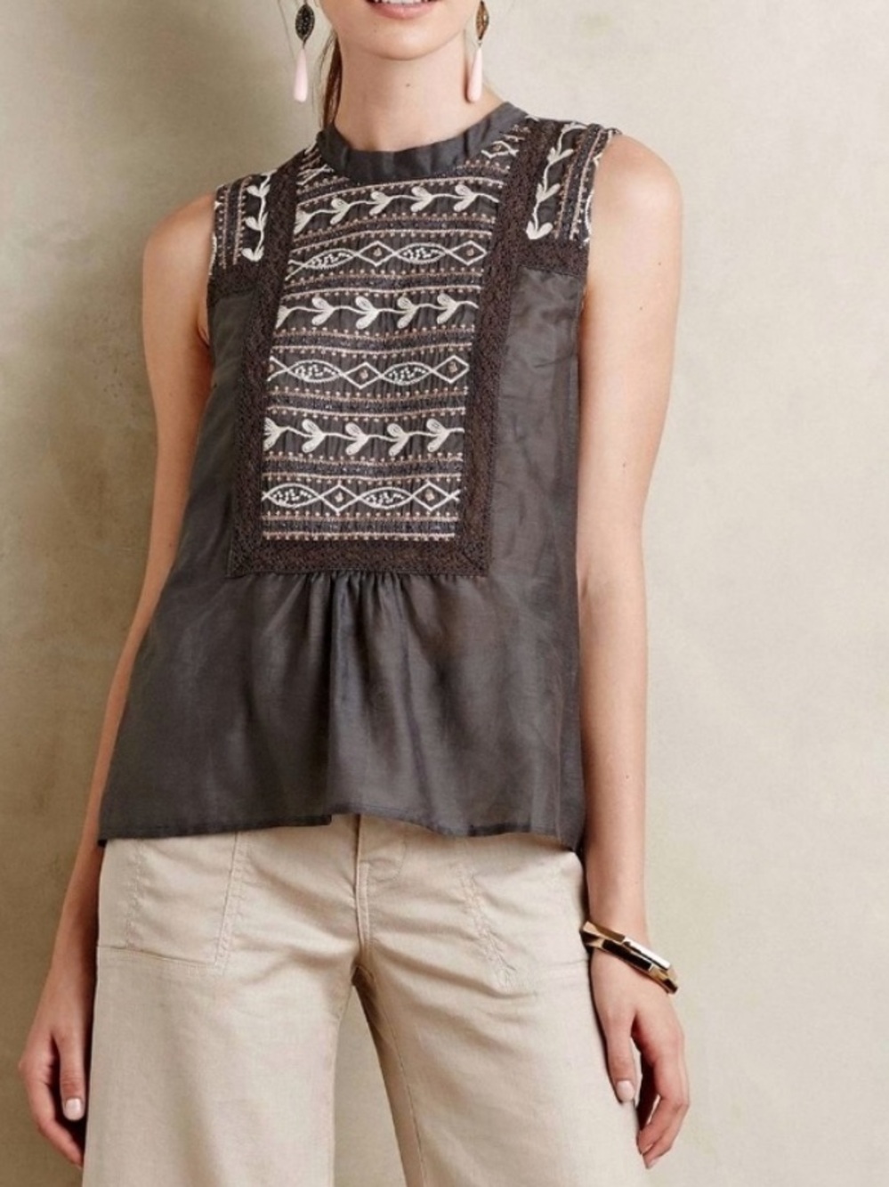 Anthropologie Tiny Tribal Embroidered Boho Tank Top Lace Casual Summer Size M